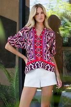 Load image into Gallery viewer, Brown/Red/Pink Print V-Neck Puff Slv Top (THML)