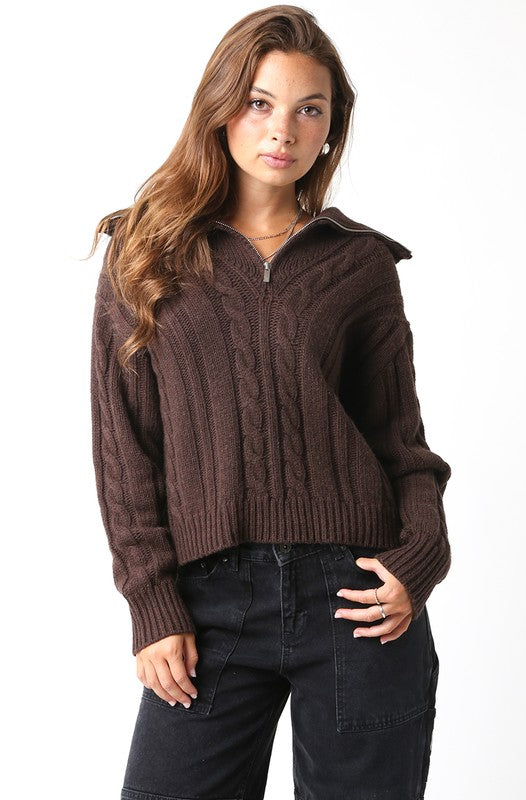 Coffee Bean Cable Knit Half Zip Sweater