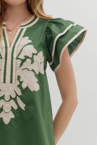 Embroidered Flutter Slv Top Green