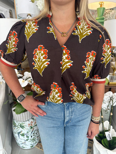 Brown Floral Detail SS V-Neck Top (THML)