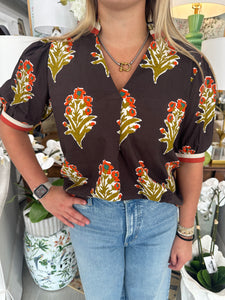 Brown Floral Detail SS V-Neck Top (THML)