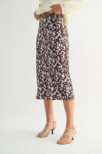 Brown/Ivory Abstract Print Satin Midi Skirt