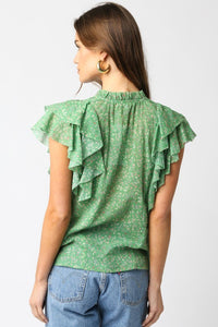 Green Floral Ruffle Slv Top