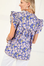Load image into Gallery viewer, Blue Printed V-Neck Ruffle Slv Top