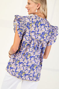Blue Printed V-Neck Ruffle Slv Top