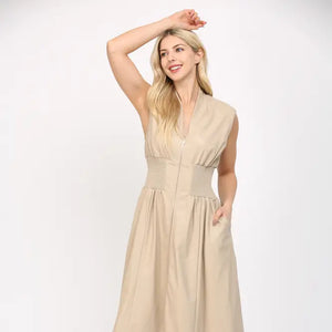 Ecru Leather Smocked Waist Zip Midi Dress