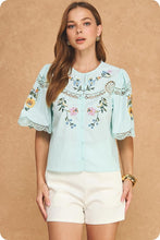 Load image into Gallery viewer, Light Blue Embroidered Floral SS Button Down Top
