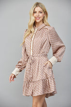 Load image into Gallery viewer, Beige Geo Print LS Satin Tie Waist Shirt Dress