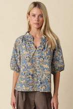 Load image into Gallery viewer, Blue/Gold Floral Puff Slv Blouse