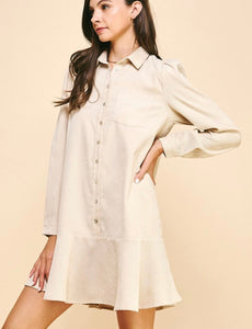 Oatmeal Corduroy Button Down LS Dress