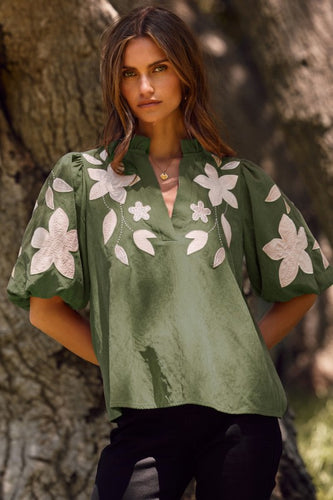 Washed Suede Floral Puff Slv Top- Hunter Green