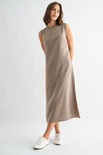 Load image into Gallery viewer, Taupe Satin Rib Neck Midi Dress