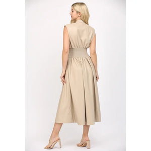 Ecru Leather Smocked Waist Zip Midi Dress