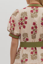 Load image into Gallery viewer, Ecru/Green Printed Tie Frnt Puff Slv Dress