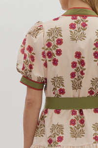 Ecru/Green Printed Tie Frnt Puff Slv Dress