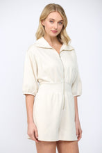 Load image into Gallery viewer, Scuba Soft Frnt Zip Smocked Waist Romper Ecru