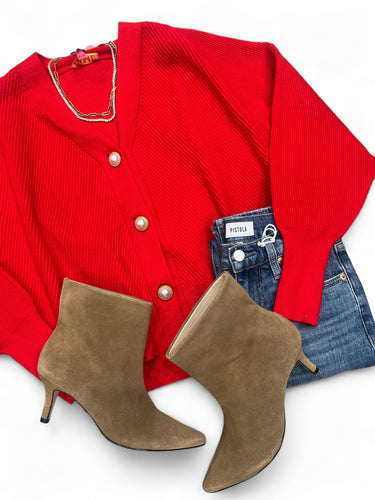 Red V-Neck Pearl Cardigan