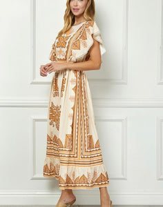 Cream Printed Flutter Slv Maxi Dress