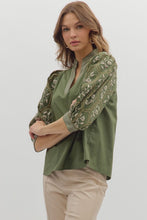 Load image into Gallery viewer, Olive Embroidered Slv V-Neck Top