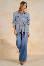 Load image into Gallery viewer, Denim Camel Belted Collared Jacket