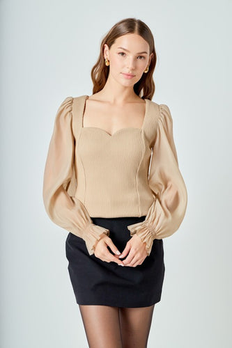 Taupe Organza Slv Knit Top