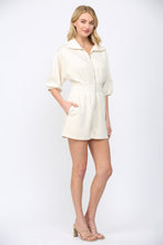 Load image into Gallery viewer, Scuba Soft Frnt Zip Smocked Waist Romper Ecru