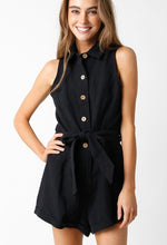 Load image into Gallery viewer, Black Linen Button Down Tie Frnt Romper