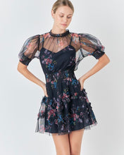 Load image into Gallery viewer, Navy Floral Ruffled Mesh Dress