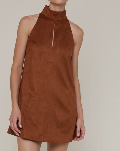 Brown Suede Mock Neck Cutout Dress