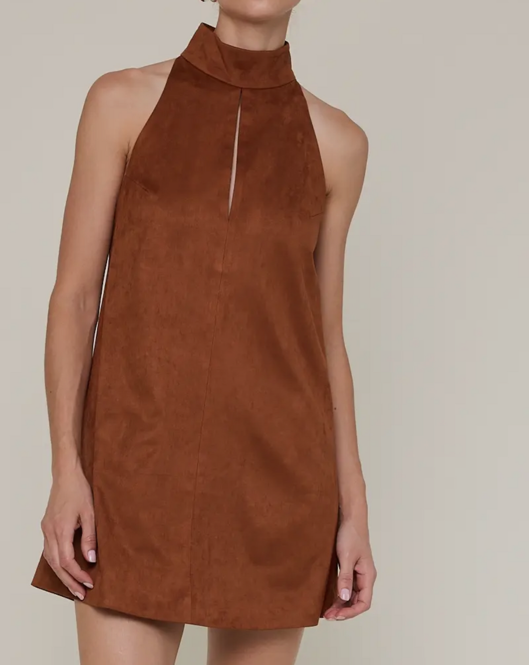 Brown Suede Mock Neck Cutout Dress