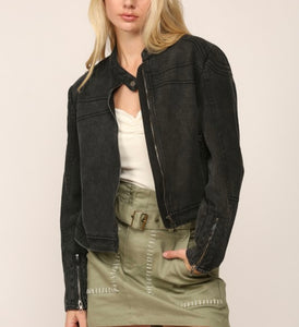 Washed Black Denim Biker Jacket