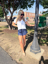 Load image into Gallery viewer, Navy Satin Lace Detail Shorts