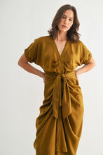 Load image into Gallery viewer, Golden Brown Satin Dolman Slv Tie Frnt Dress