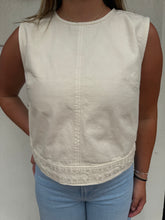 Load image into Gallery viewer, Cream Denim Embroidered Trim Slvls Top