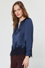 Load image into Gallery viewer, Navy Satin Lace Hem LS Blouse