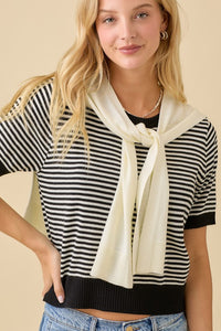 Black Striped SS Sweater w/ Shawl Set