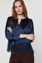 Load image into Gallery viewer, Navy Satin Lace Hem LS Blouse