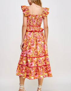 Orange Multi Floral Piping Midi Dress