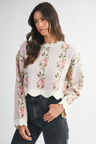 Pink Jacquard Scallop Hem Sweater