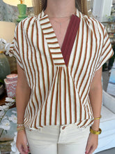 Load image into Gallery viewer, Brown/White Striped V-Neck SS Top (THML)