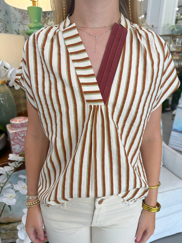 Brown/White Striped V-Neck SS Top (THML)