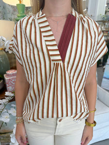Brown/White Striped V-Neck SS Top (THML)