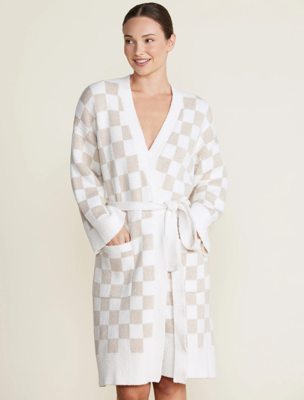 Barefoot Dreams CC Cotton Checkered Robe-Oatmeal/Cream