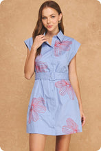 Load image into Gallery viewer, Chambray/Red Embroidered Belted Dress