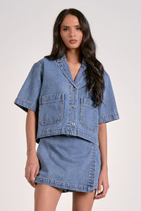 Denim Frnt Pocket V-Neck SS Top