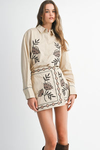 Taupe Embroidered Button Down Shirt + Skirt Set