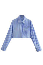 Load image into Gallery viewer, DJD Varsity Striped Blue Cropped Button Down Shirt