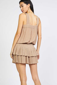 Taupe Printed Smocked Waist Tiered Mini Dress