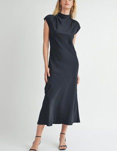 Black Satin Mock Neck Shirring Long Dress