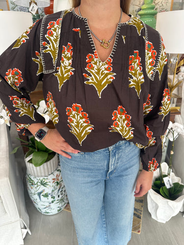 Brown Floral Detail LS V-Neck Top (THML)